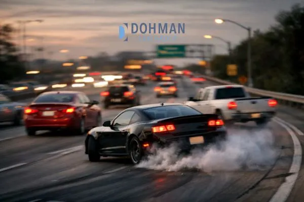 Black sports car skidding across a highway, with tire smoke and surrounding traffic.
