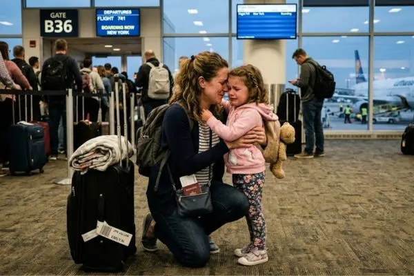 Mother and young daughter sharing an emotional goodbye hug in an airport.