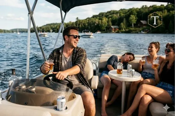 A driver drinks beer while operating a moving pontoon boat.