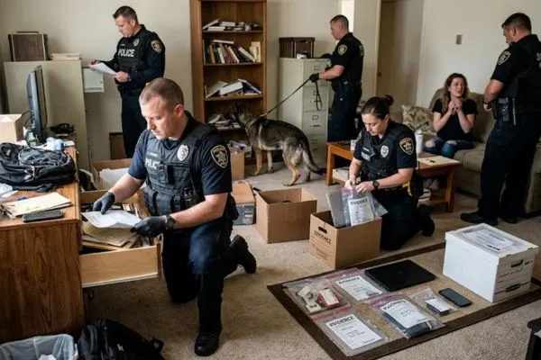 Multiple law enforcement officers search an apartment, gathering evidence while a woman watches.