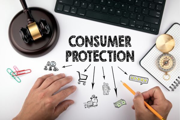 graphic saying consumer protection with a gavel, paperclips, compass, and computer surrounding hands holding a pencil
