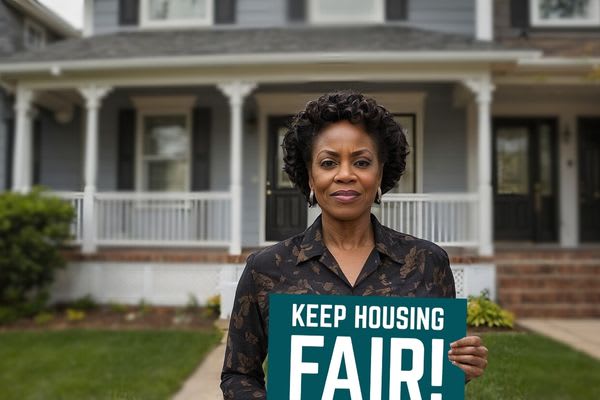 Middle-aged lady holding a keep housing fair sign