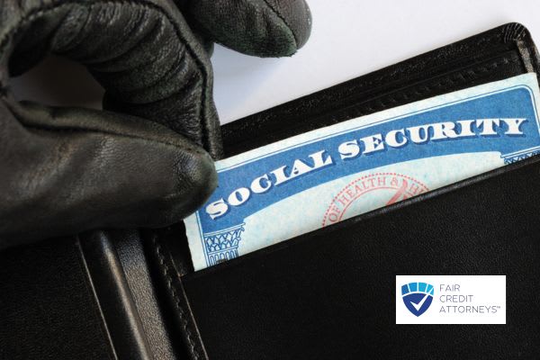 A gloved hand is stealing a Social Security card from a black leather wallet, symbolizing identity theft.