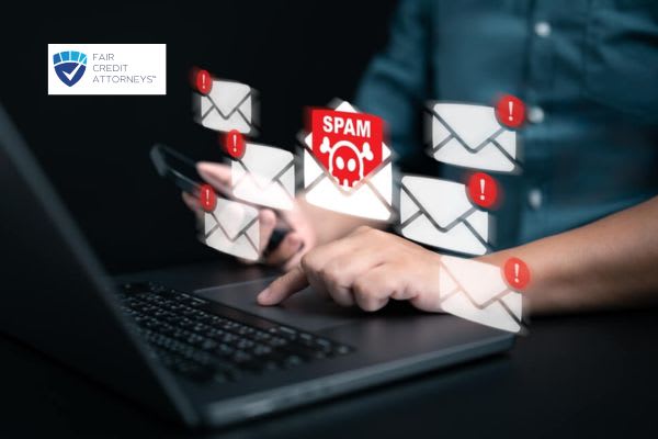 A person is using a laptop with multiple floating spam email icons and one envelope marked "SPAM" illustrating wire fraud.