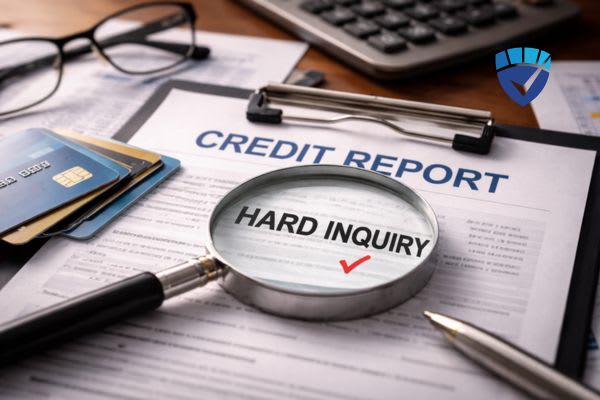 Close-up of a credit report with a magnifying glass highlighting a hard inquiry, surrounded by credit cards and office tools.