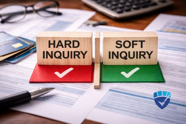 Two blocks side by side representing hard and soft credit inquiries on a desk with financial documents.
