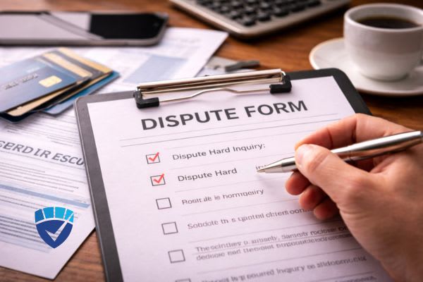 Person filling out a dispute form on a clipboard with credit documents and cards on a desk.