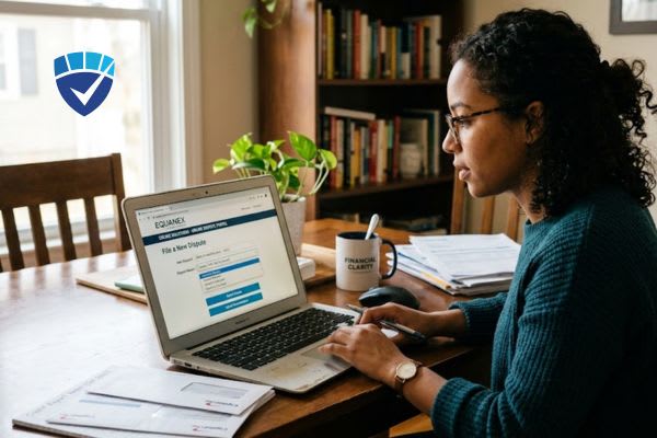 A woman uses a laptop at a desk to file an online credit dispute.