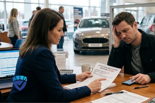 A man reacts to a loan rejection a finance manager in a car showroom