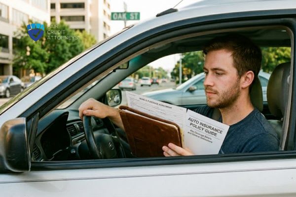 A man in a car reviews a purchase agreement and an auto insurance guide.