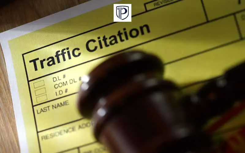 a traffic ticket and gavel on a desk