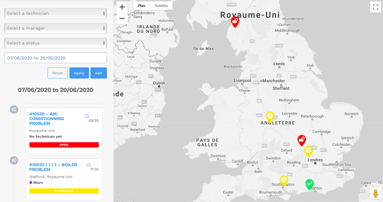 Mapping of customer interventions - planning software