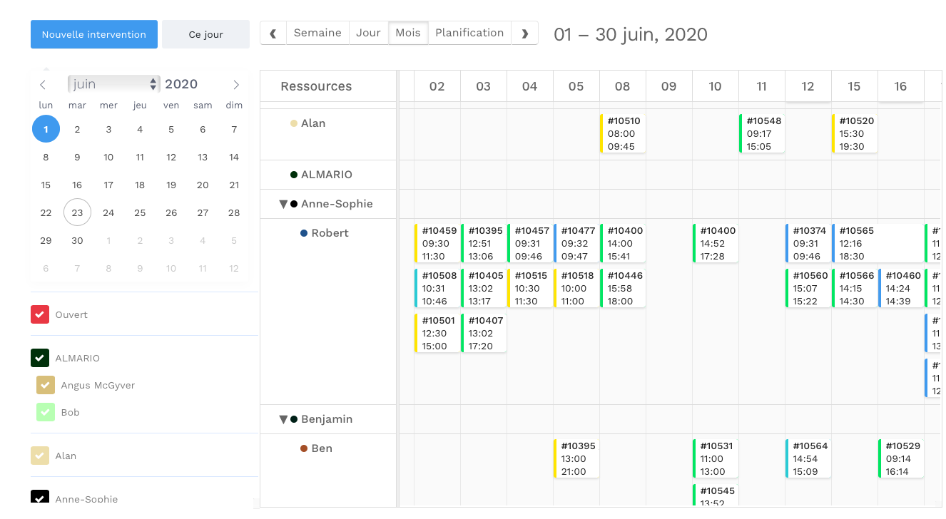 Logiciel gestion de maintenance - GMAO Yuman - Planification intervention - Planning Mois