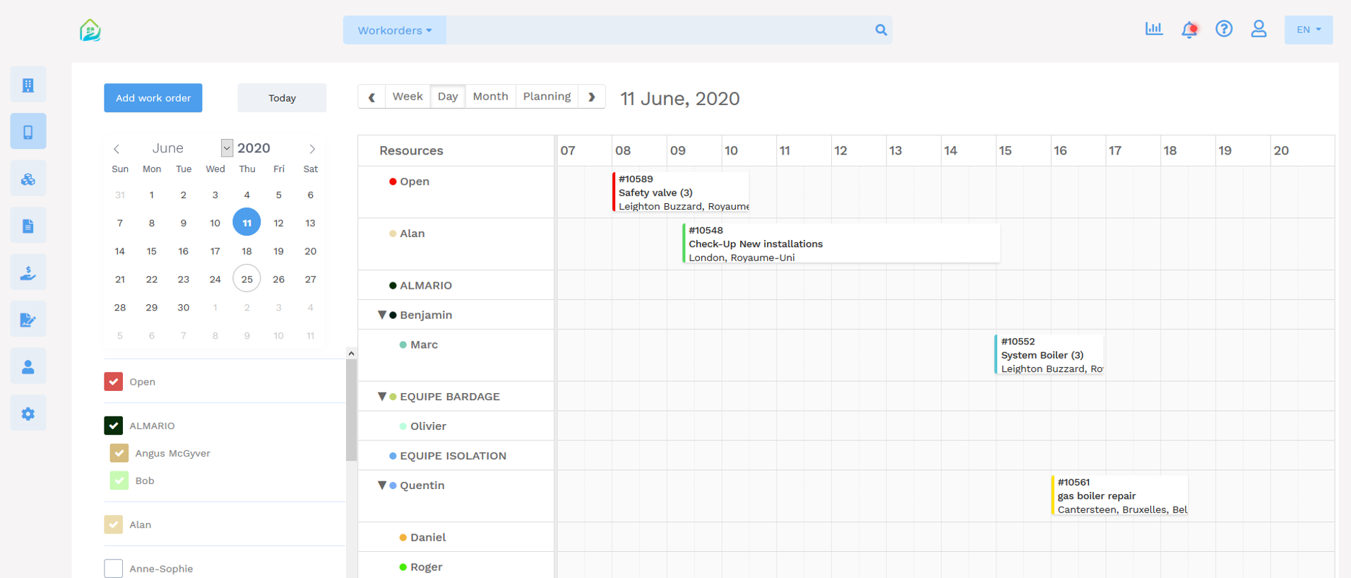 Onderhoudsbeheersoftware - Yuman CMMS - Interventieplanning - dagplanning 