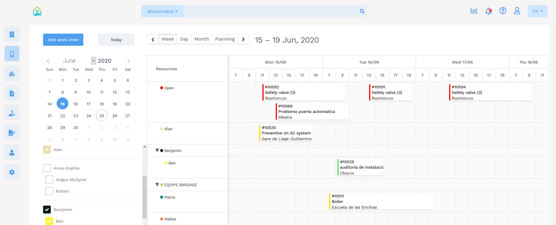 Yuman CMMS - Onderhoudsbeheersoftware - Planning - wekelijkse planning 