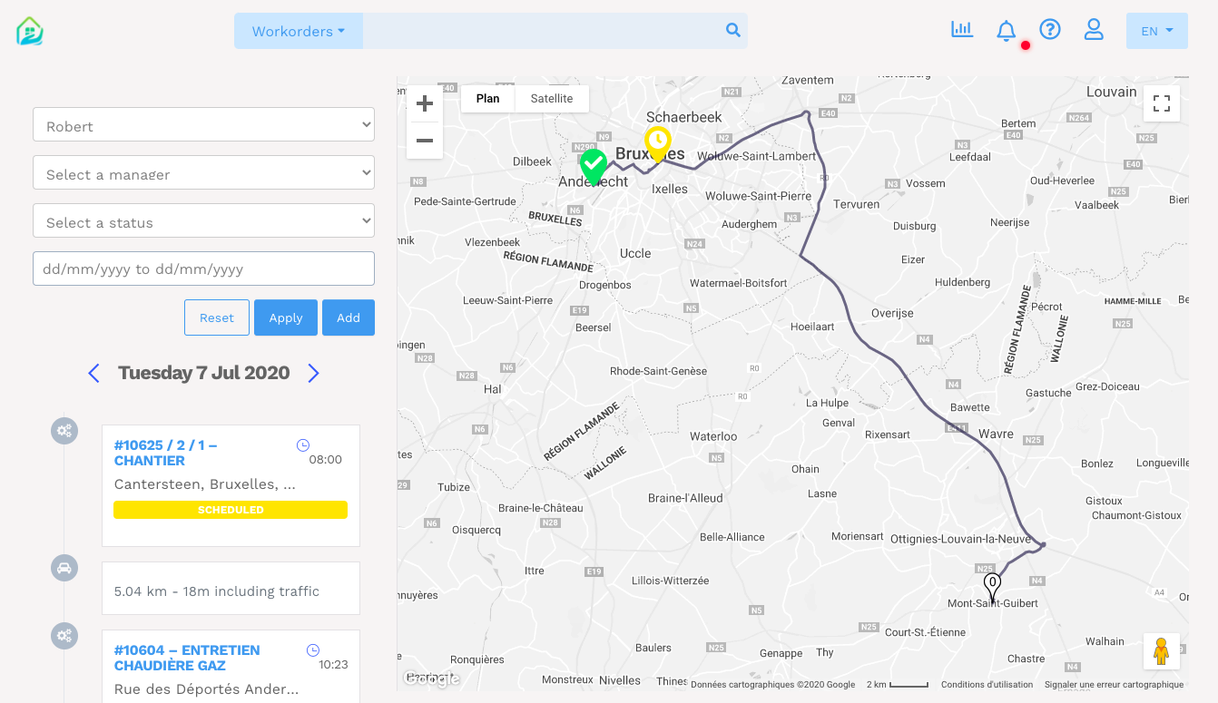 CMMS Yuman - Routekaart geolokalisatie - Interventiebeheer - GPS Waze