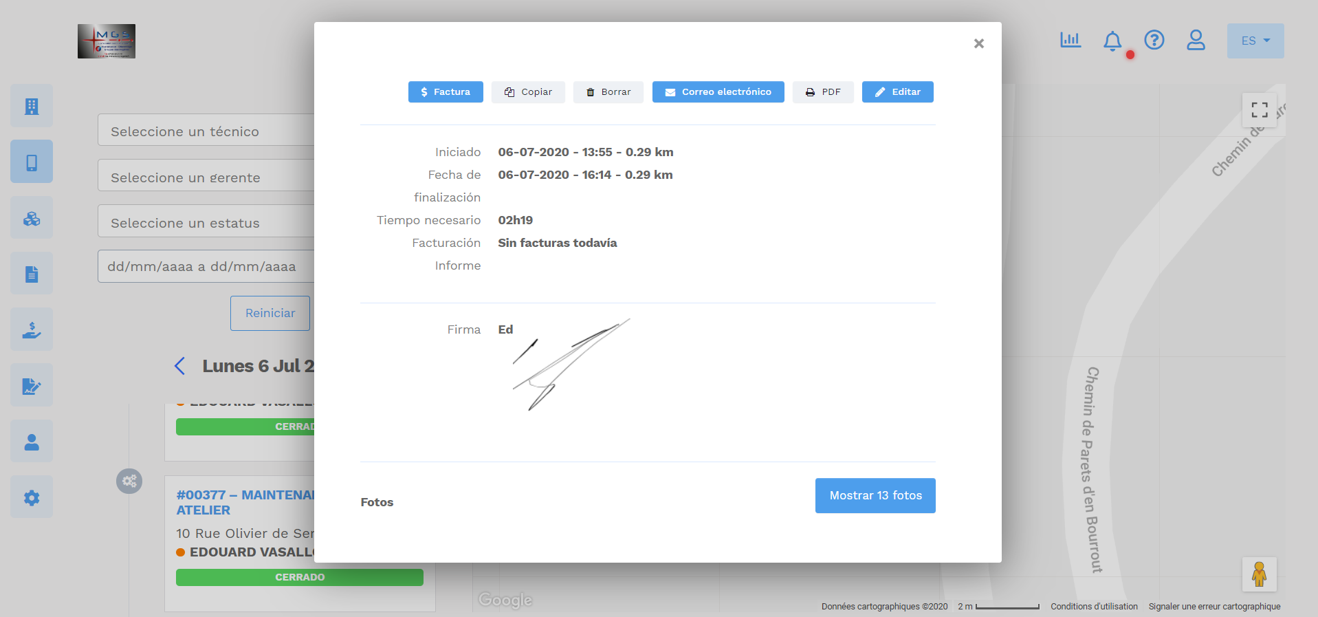 geolocalización - gestión de las intervenciones de los técnicos - posición del gps