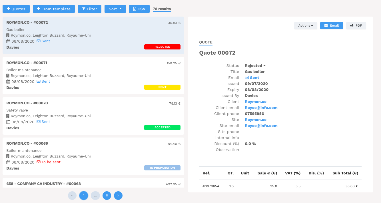 Onderhoudsmanagementsoftware - Yuman CMMS - Opvolging van klantenoffertes - Onderhoudsinterventies