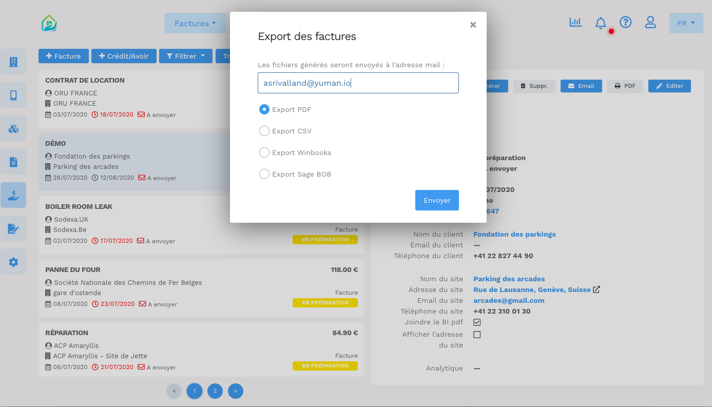 Logiciel de gestion facturation - GMAO Yuman - export client facturation des interventions et contrats