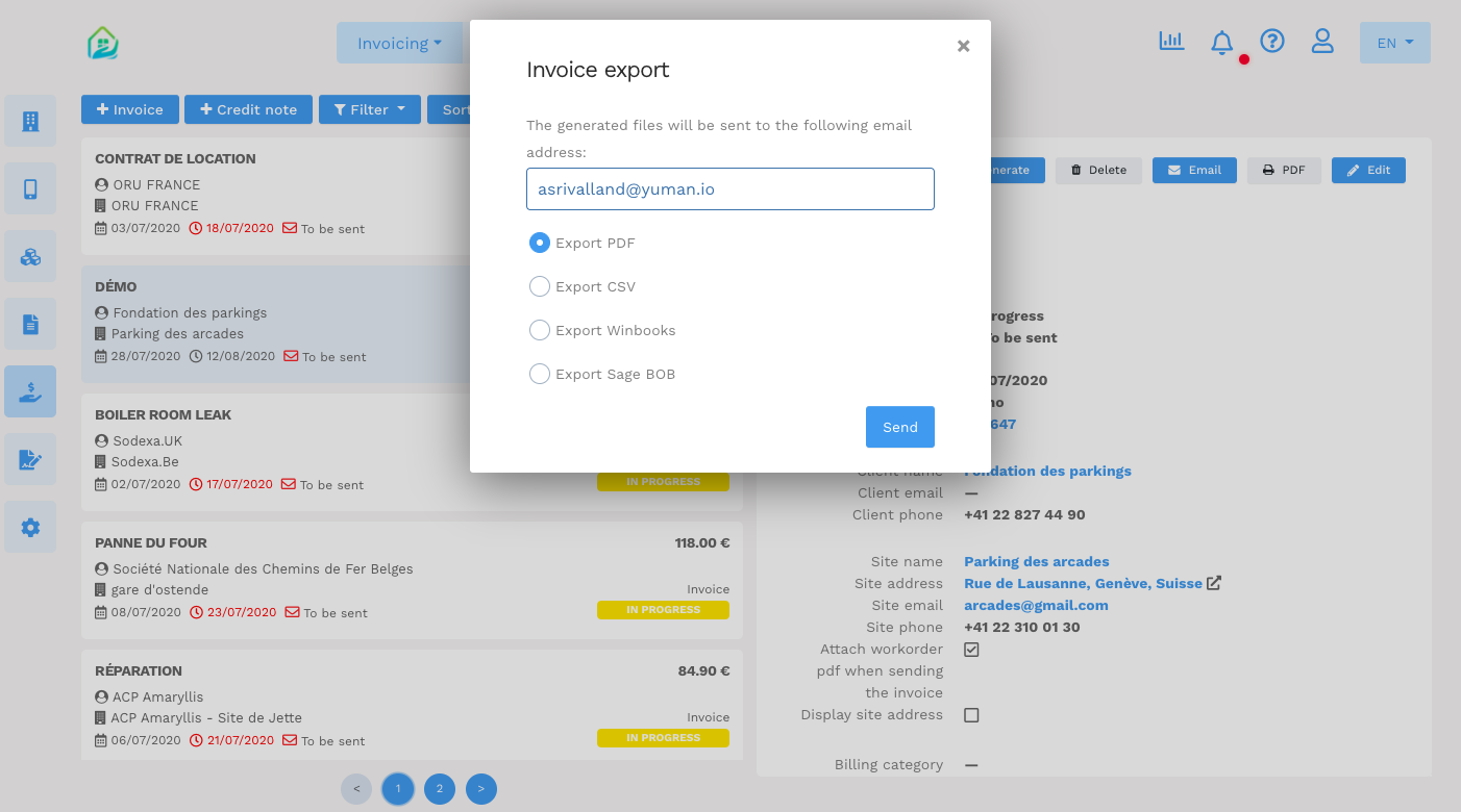 Facturatiebeheersoftware - Yuman CMMS - exporterende klantfacturatie van interventies en contracten