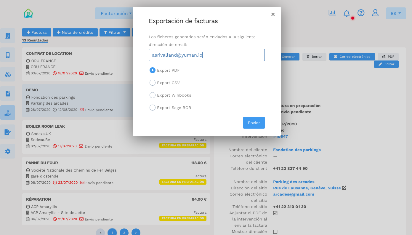 Software de gestión de facturación - GMAO Yuman - cliente de exportación de facturación de intervenciones y contratos