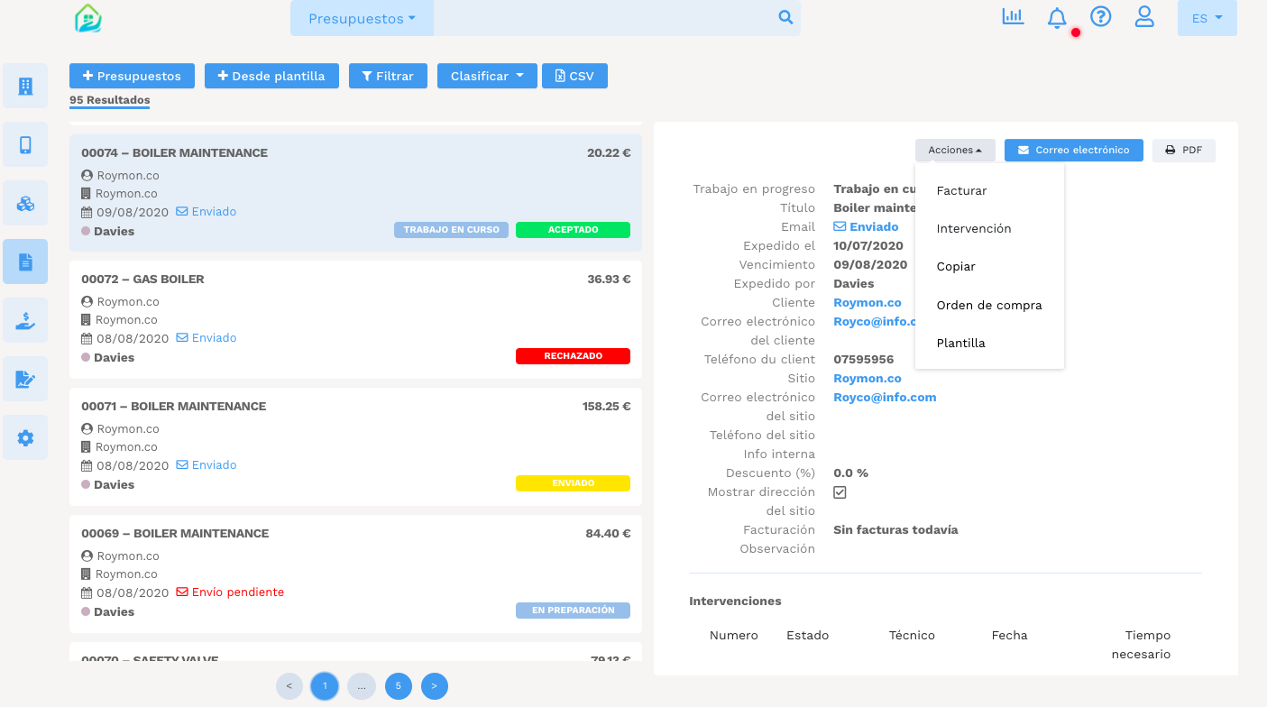 Software de gestión de mantenimiento - GMAO Yuman - Gestión de presupuestos - Plantillas de presupuestos para intervenciones clientes 