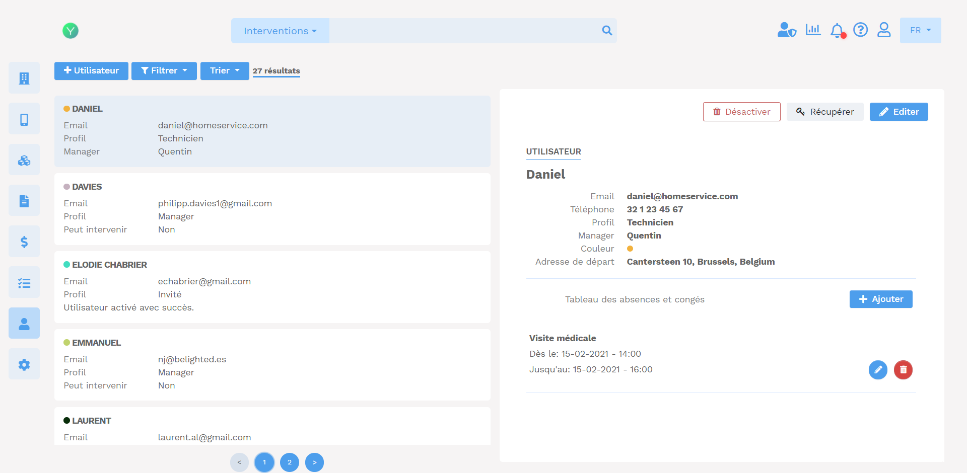 absences utilisateurs techniciens manager