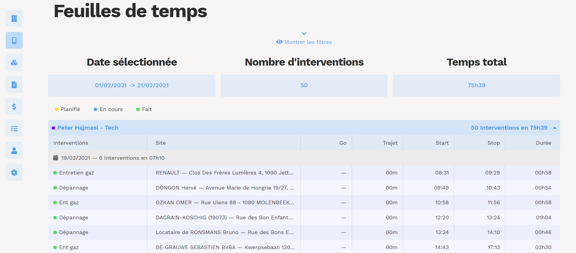 feuilles de temps techniciens gmao