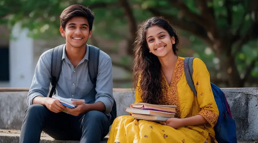 study-options-after-12th-intermediate-puc-in-india Students exploring the best courses after 12th with books and backpacks, representing higher education options and career choices.