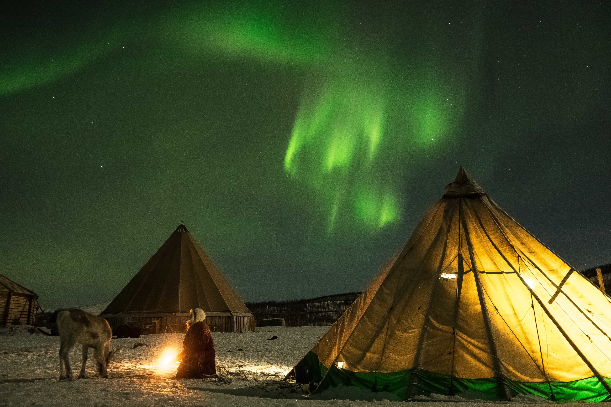 Northern Lights above Sami camp in Tromsø in Northern Norway