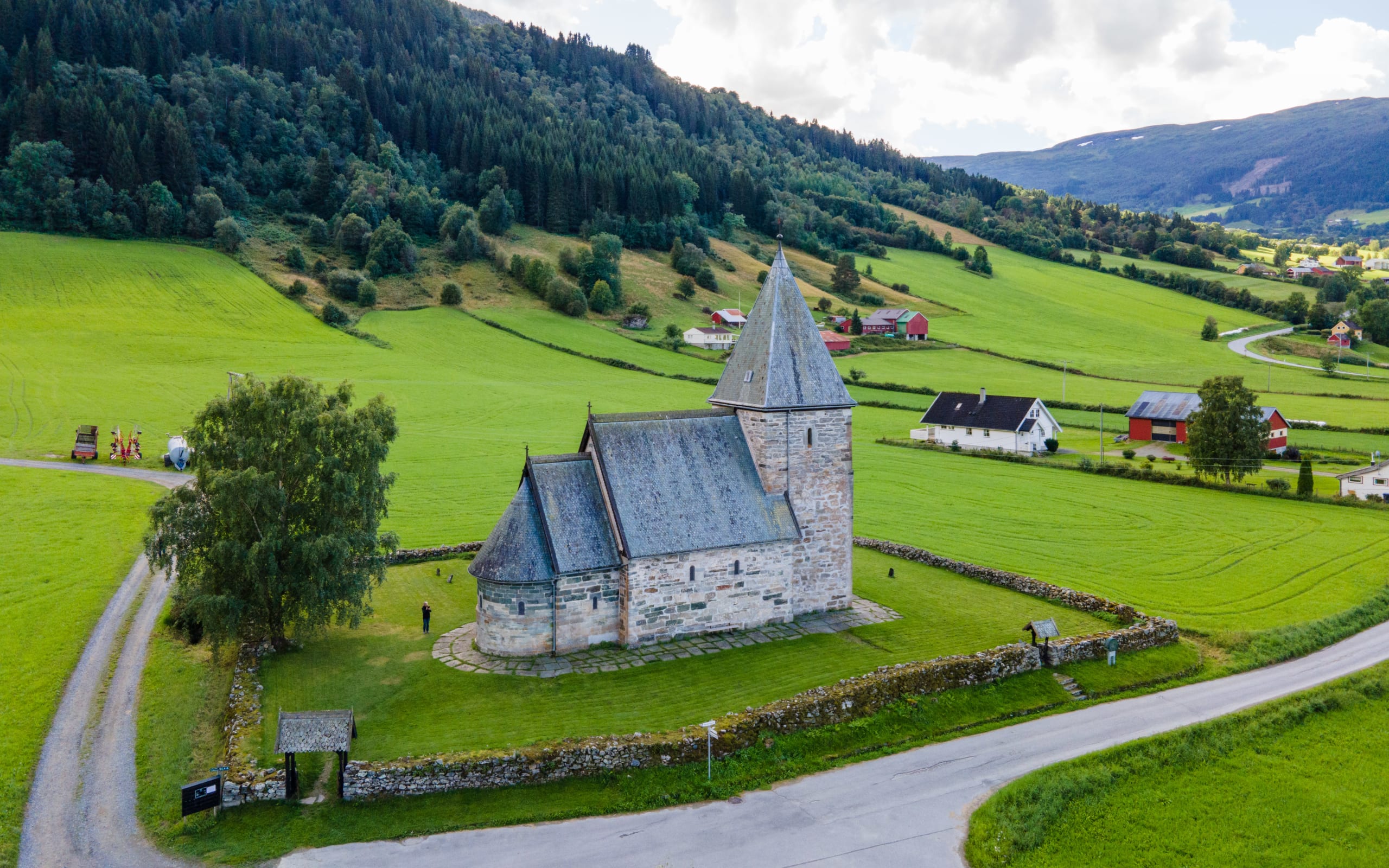 Hove stone church in Vik from above