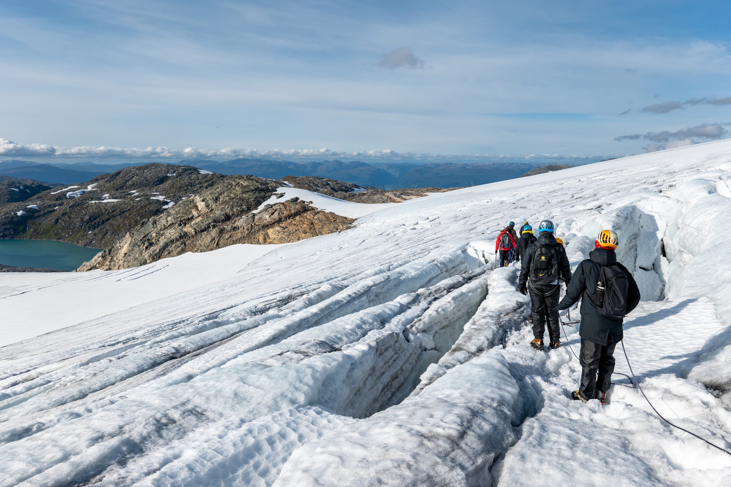 Hiking down in glacier crevasses