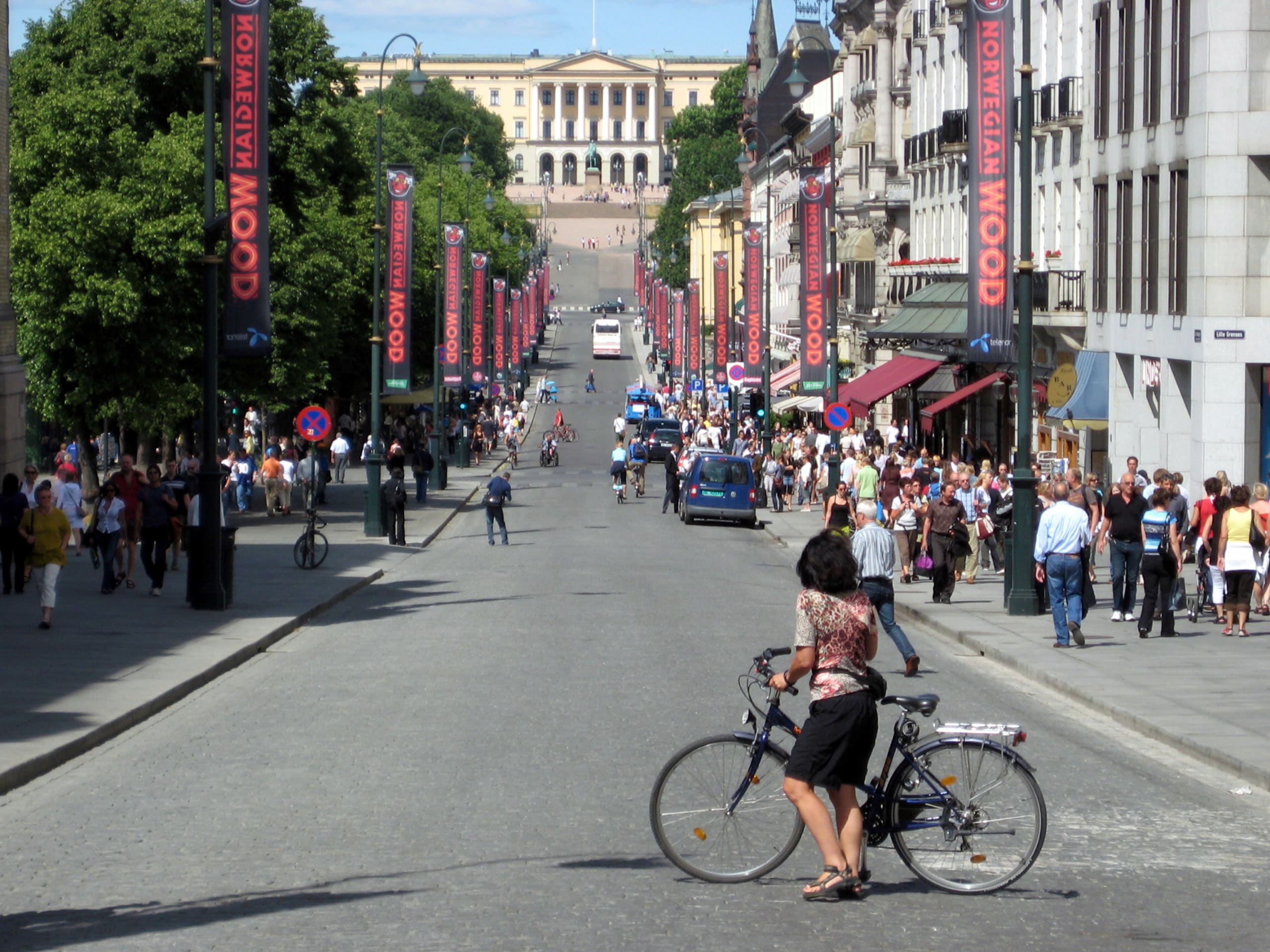 A woman standing in front of her bike look towards the King's Palace from Karl Johan Street downtown Oslo.