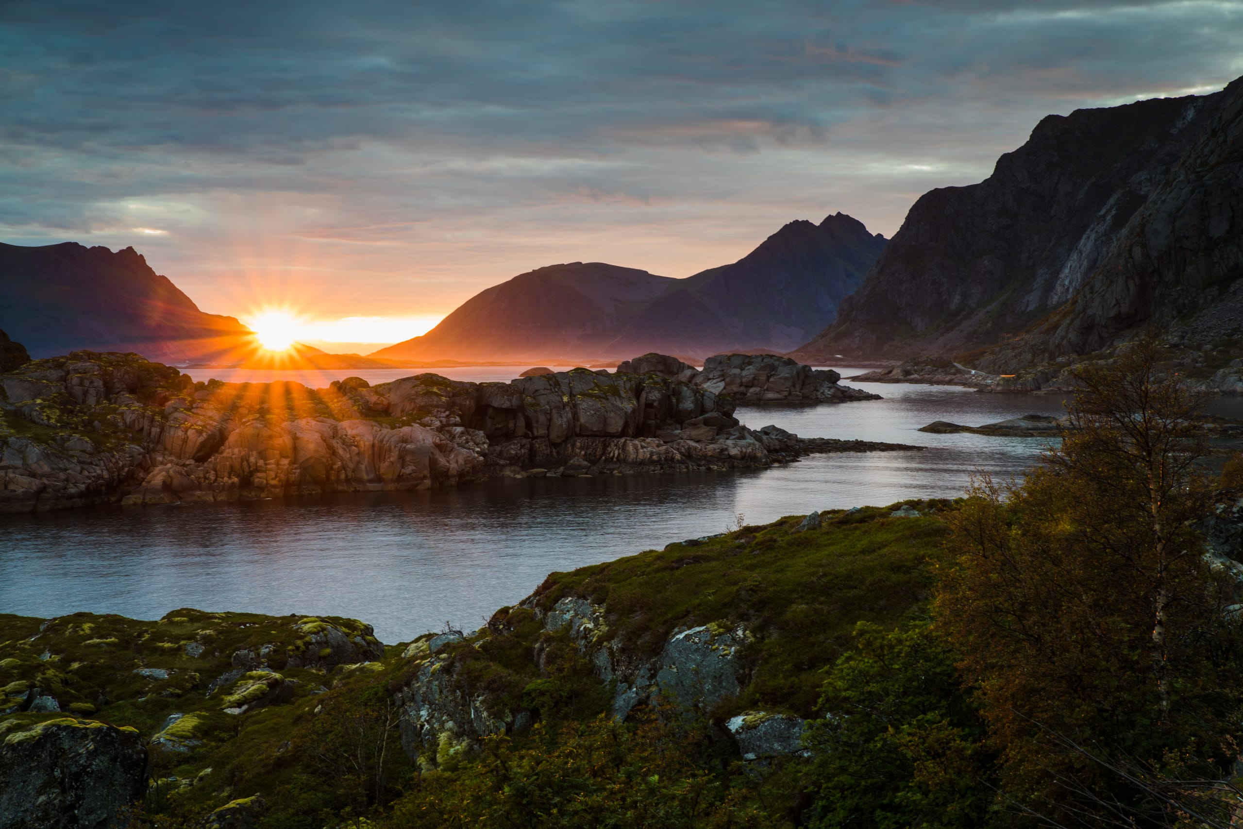 Midnight sun in Lofoten Islands, over Arctic Circle