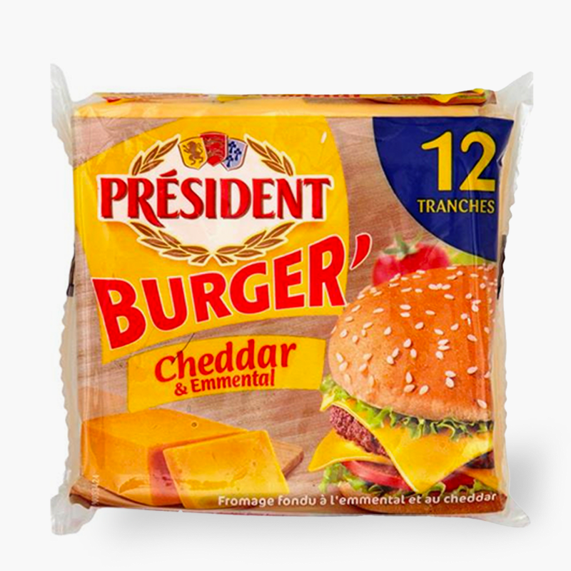 Fromage pour burger cheddar et emmental 12 tranches - Président (200g)