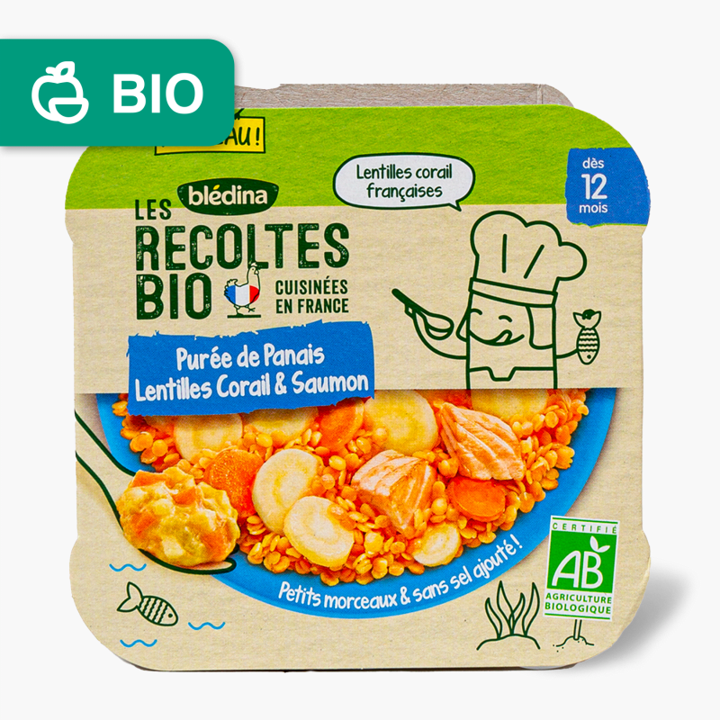 Blédina - Les récoltes Bio - Petit plat purée de panais lentilles corail & saumon (230g)