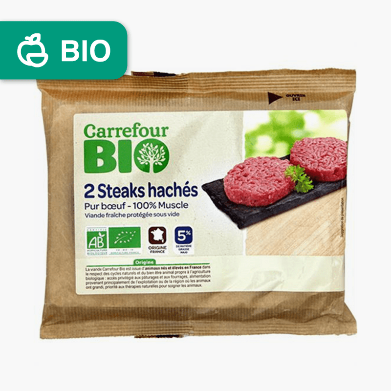 Carrefour Bio - Steaks hachés de boeuf bio 5% de matières grasses (2x125g)