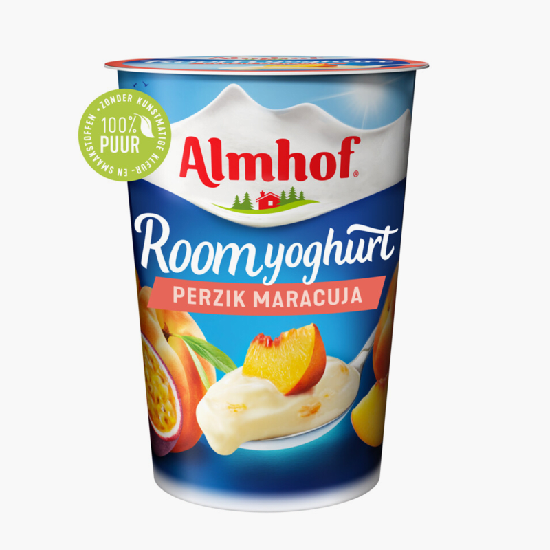 Almhof Roomyoghurt perzik & maracuja 500g