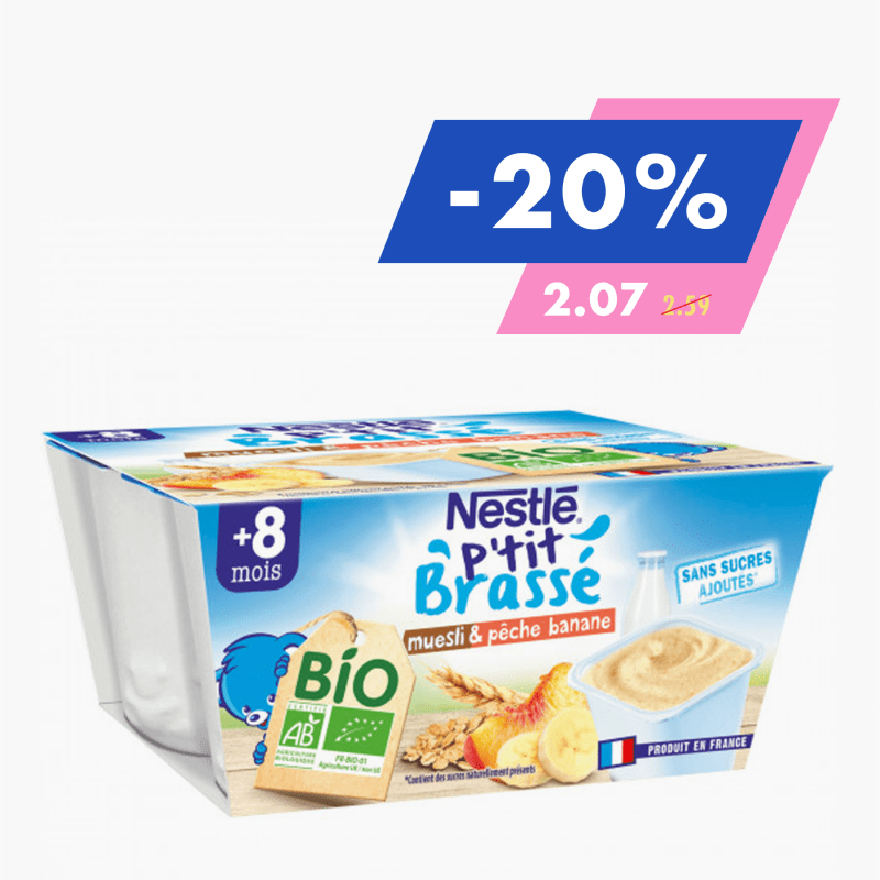 Dès 8 mois - Nestlé Dessert lacté Bio muesli, banane et pêche sans sucres ajoutés (4x90g)