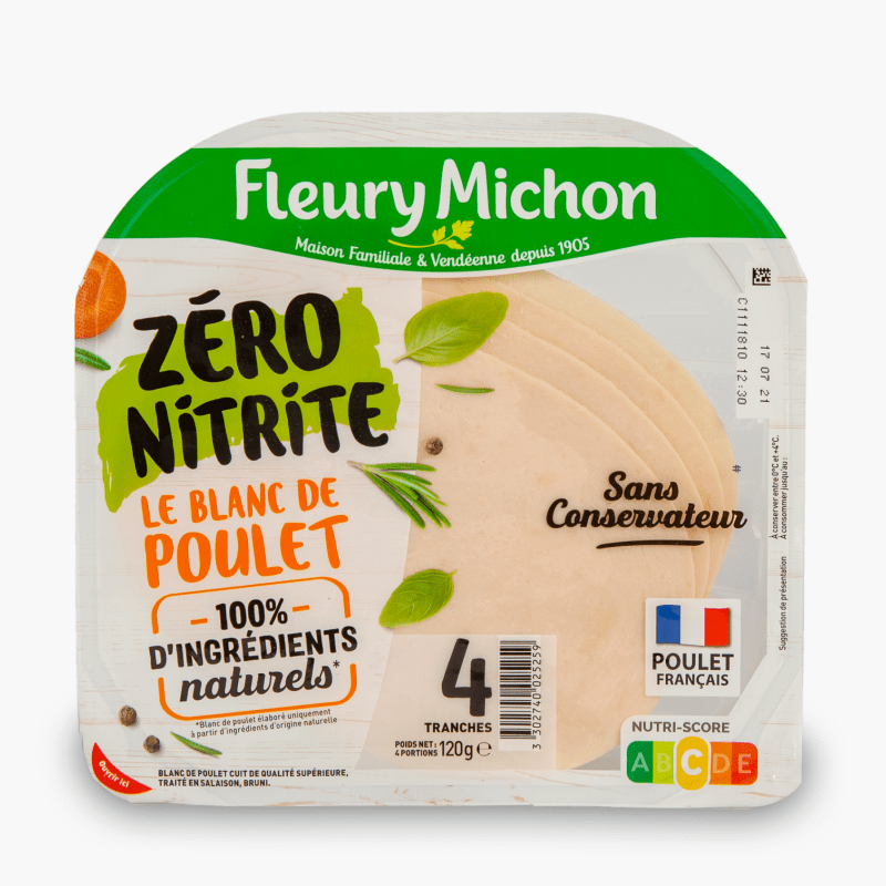 Blanc de poulet zéro nitrite - 4 tranches - Fleury Michon (120g)