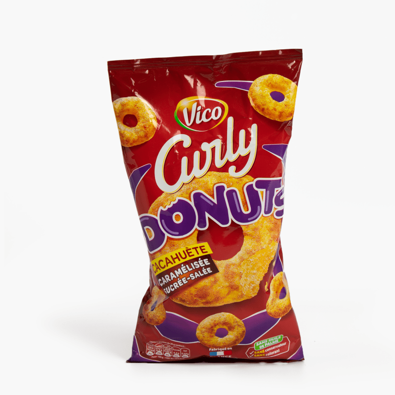 Vico Curly Donuts - Biscuits apéritifs soufflés saveur cacahuète caramélisée (100g)