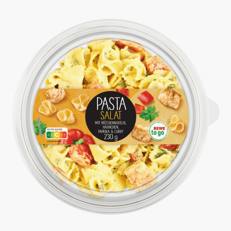 Rewe To Go Pastasalat mit Hütchennudeln, Hähnchen, Paprika & Curry 230g