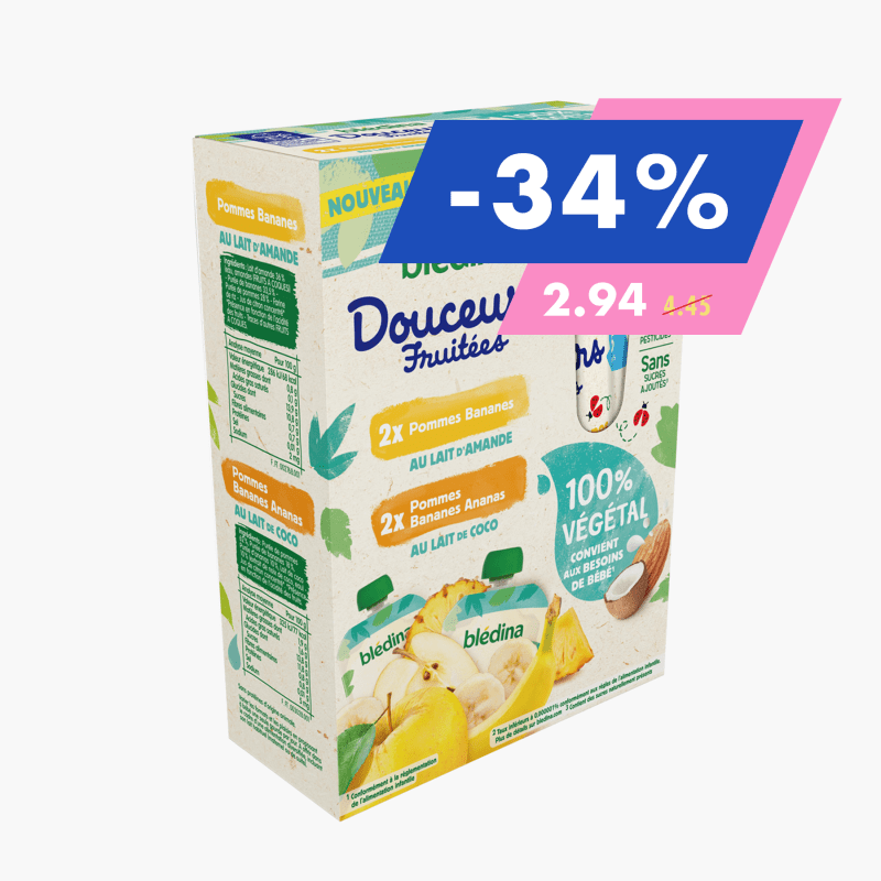 Blédina - Gourdes Pommes/Banane/Lait d'Amande x2 & Pommes/Bananes/Ananas/Lait de Coco x2 - dès 6 mois (4x90g)