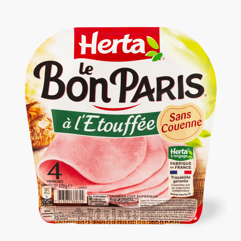 4 tranches - Jambon cuit à l'étouffée sans couenne - Herta (170g)