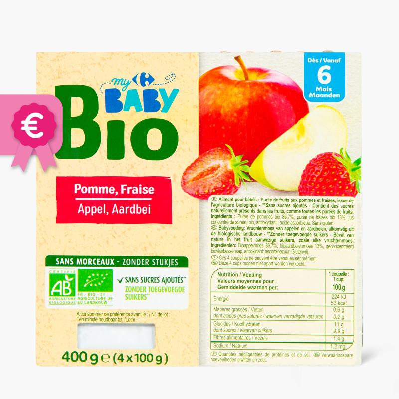 Dès 6 mois - Carrefour Bio Compote Pomme Fraise (4x100g)