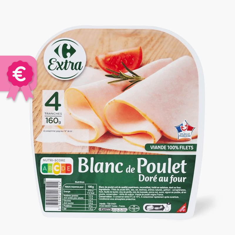 Blanc de poulet doré au four - 4 tranches - Carrefour (160g)