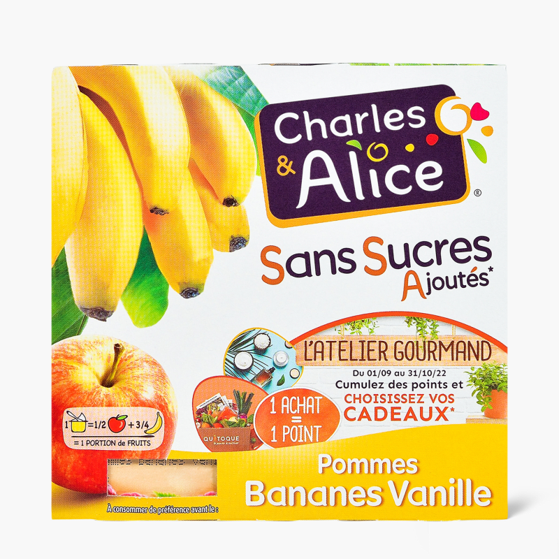 Charles & Alice - Compote pommes bananes vanille sans sucres ajoutés (4x97g)