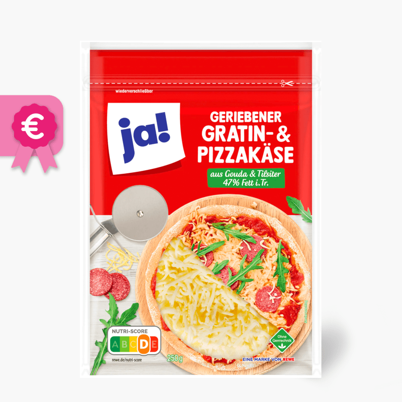 Ja! Geriebener Gratin- und Pizzakäse 250g