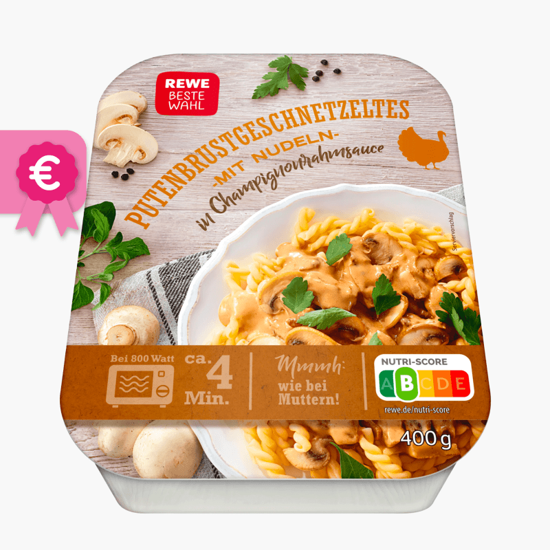 Rewe Beste Wahl Putenbrustgeschnetzeltes mit Nudeln in Champignonrahmsauce 400g