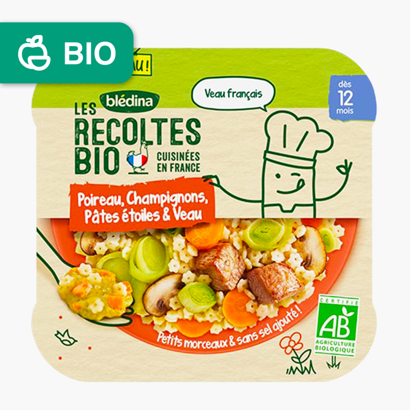 Des 12 mois - Blédina Bio Assiette Fondue de poireaux, champignons, pâtes étoiles & veau (230g)